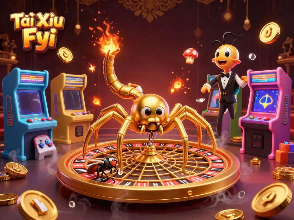 Tài Xỉu Fyi brings an exciting scene with a golden spider and a centipede dealer, capturing dynamic casino action.