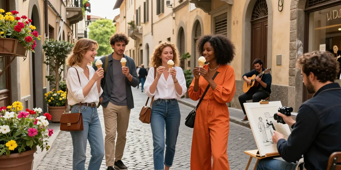 Travelers enjoying gelato in an Italian street scene, embodying vibrant culture and community, showcasing toto togel in a springtime atmosphere.