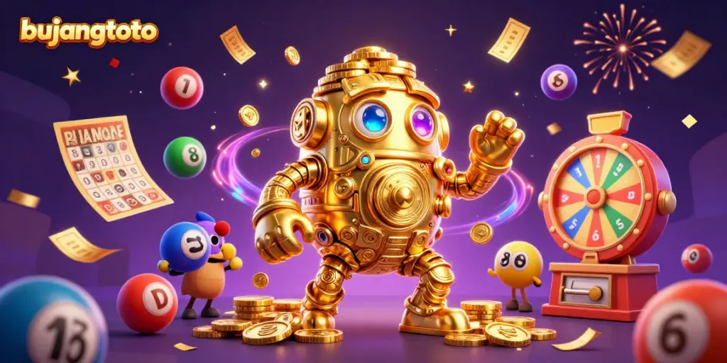 Experience the excitement of bujangtoto with a lively scene of lottery balls and animated casino elements.