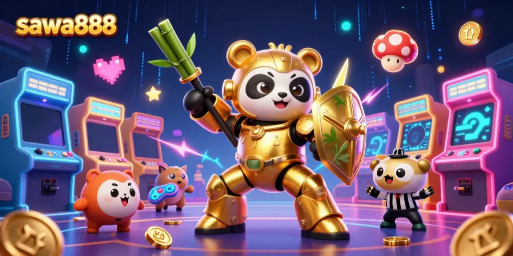 Sawa888 game excitement featuring a golden panda in a mech-suit battling in a vibrant arcade arena