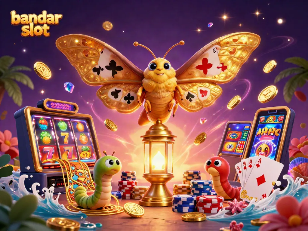 Berputar mesin slot bandar slot dengan simbol keberuntungan dan koin berkilau.