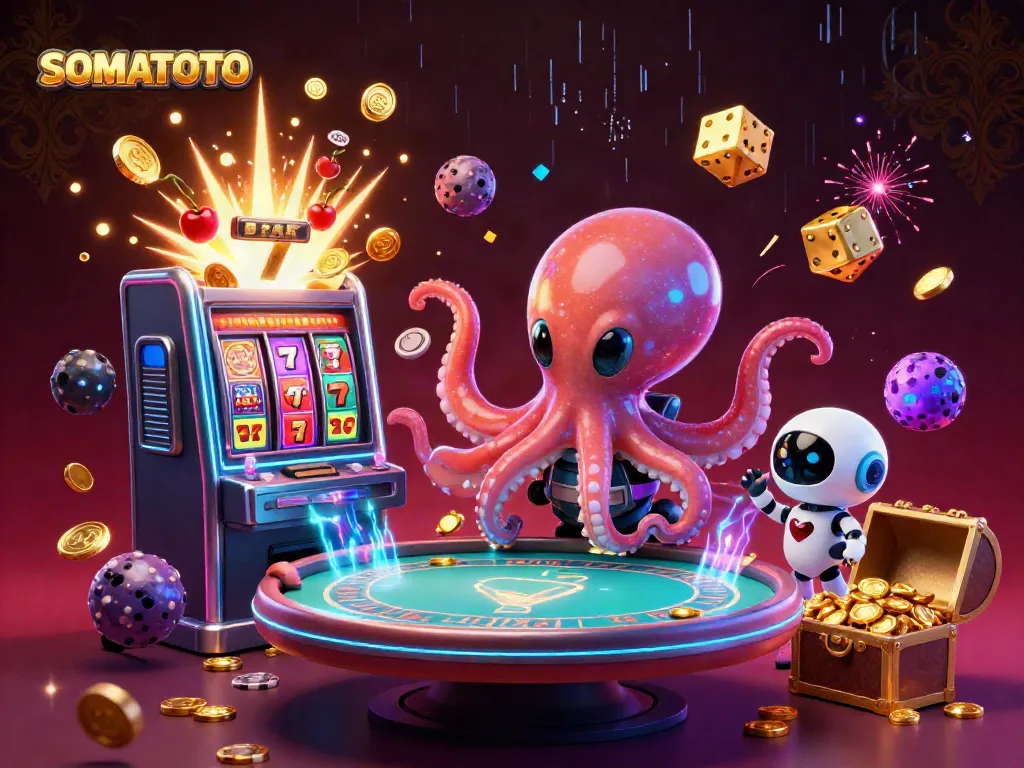 Experience SOMATOTO's vibrant casino scene with a thrilling alien octopus, animated poker table, and shimmering jackpots.