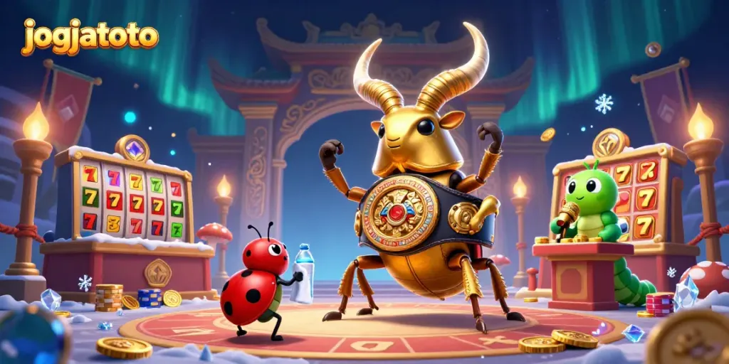 Engage in thrilling gameplay at jogjatoto with a vivid illustration featuring a boxing beetle and gambling elements.