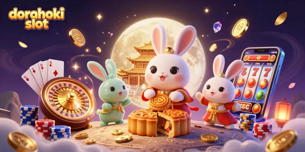 Menggoda kemenangan dengan dorahoki slot, kelinci bulan memukul kue bulan emas yang terbuka berisi chip poker.