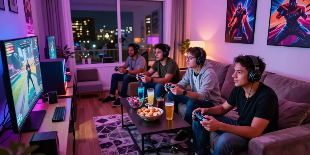 Teman bermain Natunatoto dalam suasana gaming yang seru bersama lampu LED di ruang tamu yang nyaman.