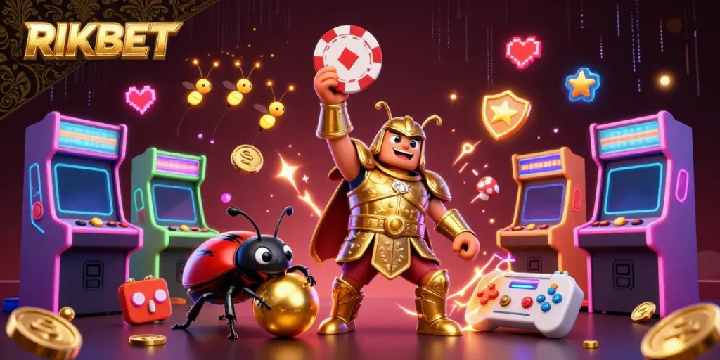Experience RIKBET with a victorious beetle and game elements in a vibrant casino scene.