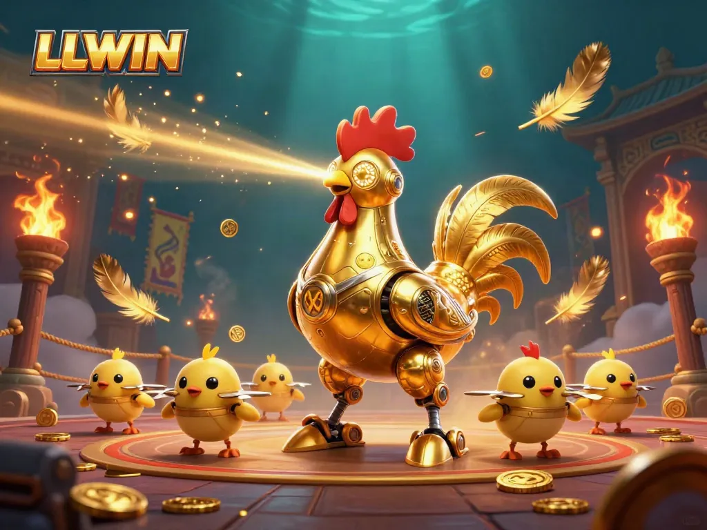 Engage with LLWIN's vibrant 3D casino world featuring a golden robot and baby chick drones.