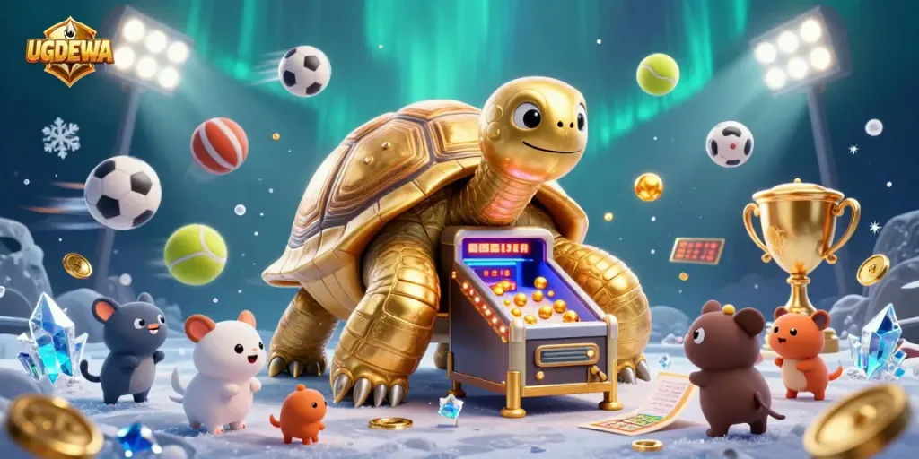 Experience excitement at UGDEWA with our colossal tortoise pinball machine spinning tiny golden balls amidst flying sports elements.