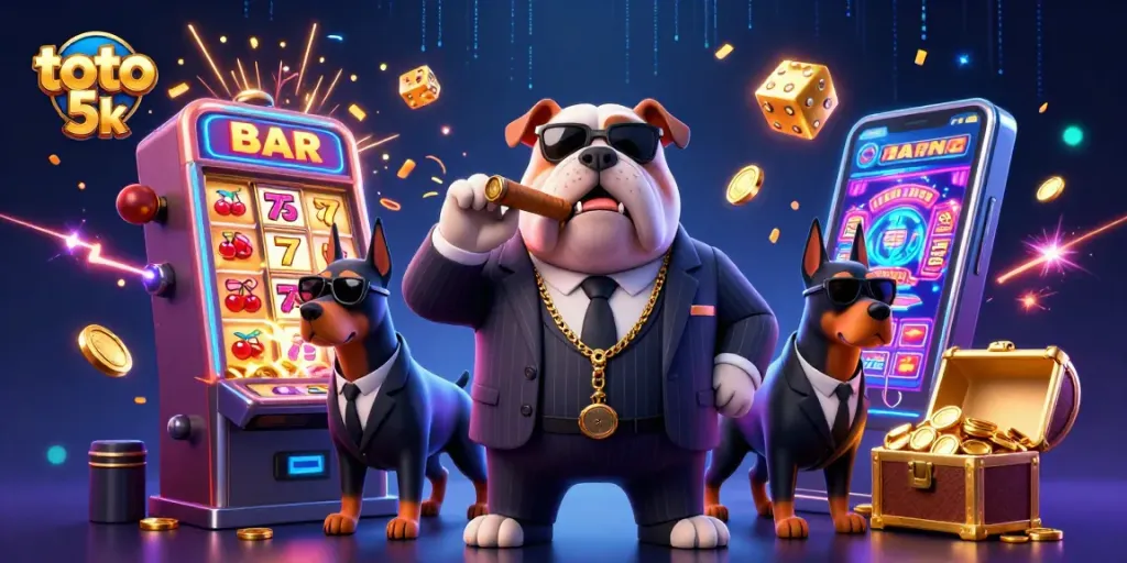 Menangkan jackpot di toto 5k dengan ilustrasi kartun kasino yang menarik dan penuh aksi.