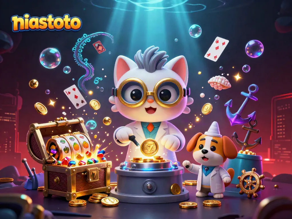 Gambarlah niastoto yang menunjukkan kucing ilmuwan gila dan anjing asisten dalam dunia kasino.