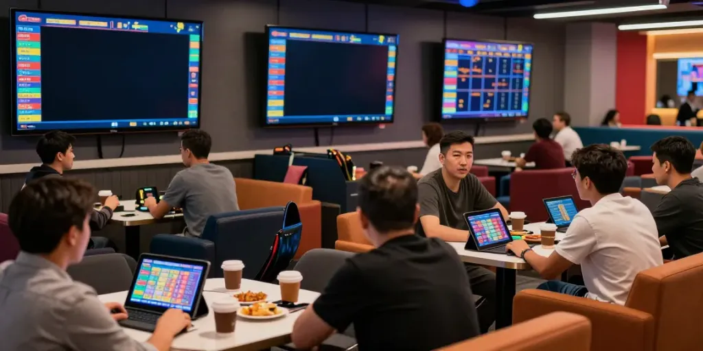 Aktivitas pemain di lounge taruhan modern dengan hasil data macau dan layar undian langsung.