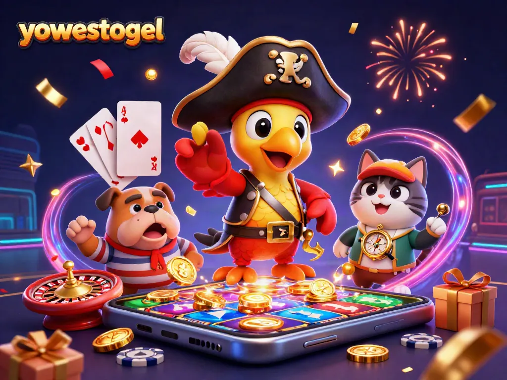 Engaging pirates play yowestogel with golden coins and vibrant slot games in a dynamic casino scene