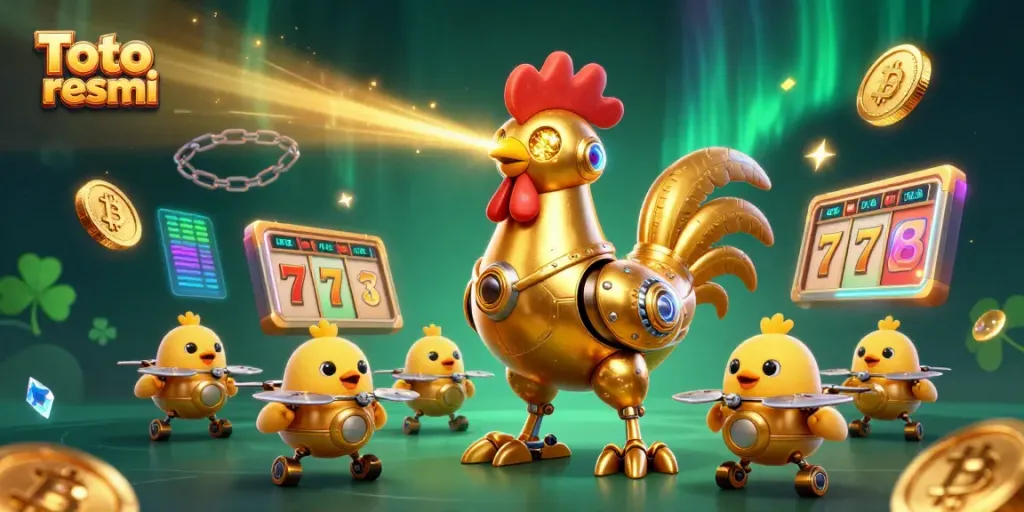 Experience the thrill of Toto resmi with this vibrant 3D casino scene featuring a golden rooster robot and neon crypto elements.