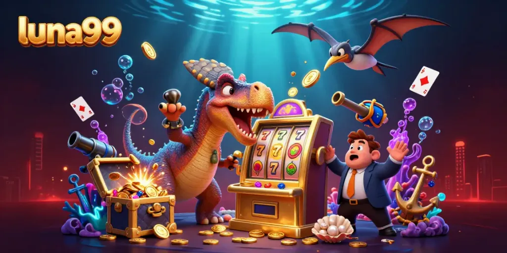 Ilustrasi casino luna99 yang dinamis dengan karakter dino dan elemen jackpot.