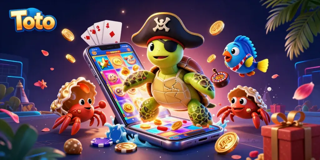 Permainan Toto dengan slot berkilauan dan karakter kartun di dunia kasino yang memikat