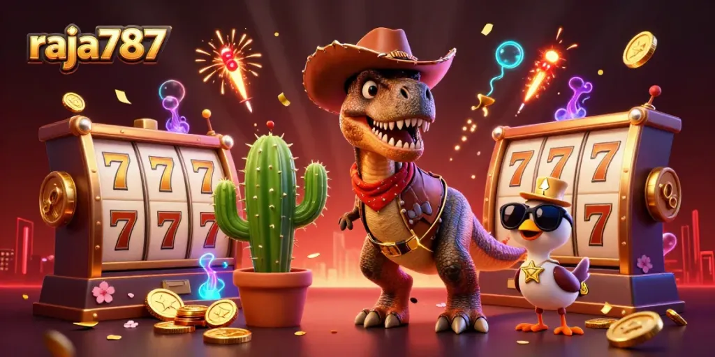 Raja787 menampilkan karakter dinosaurus koboi dan elemen slot dalam ilustrasi kasino yang memukau.