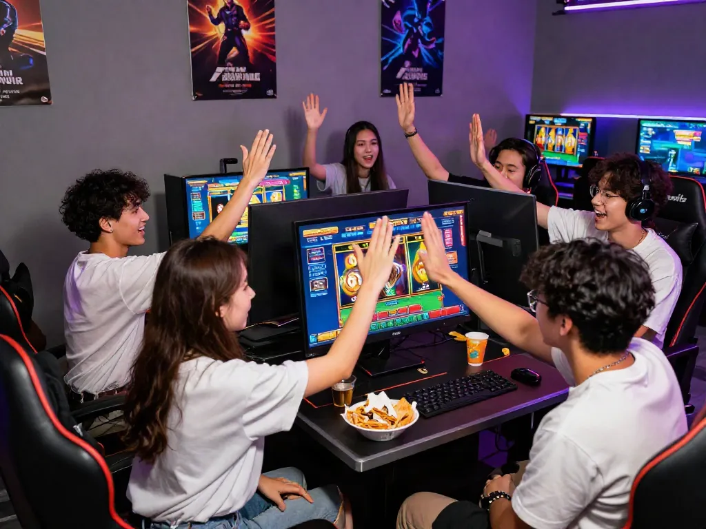 Friends enjoying a slot gacor gaming session with vibrant graphics and excitement.