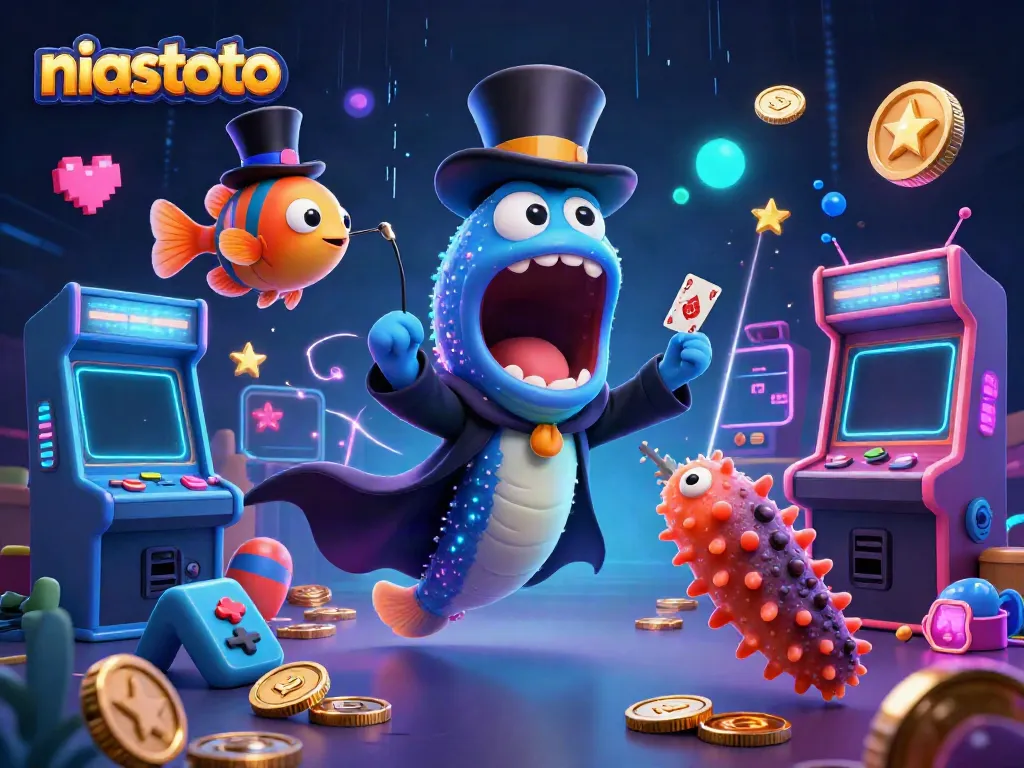 NIASTOTO showcases an energetic scene with magical sea creatures performing card tricks amidst vibrant gaming elements.