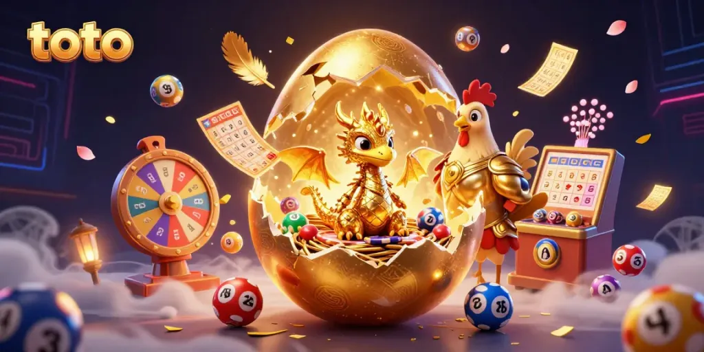 Experience excitement and thrills with toto-themed casino illustration featuring a golden dragon, poker chips, and colorful lottery balls.