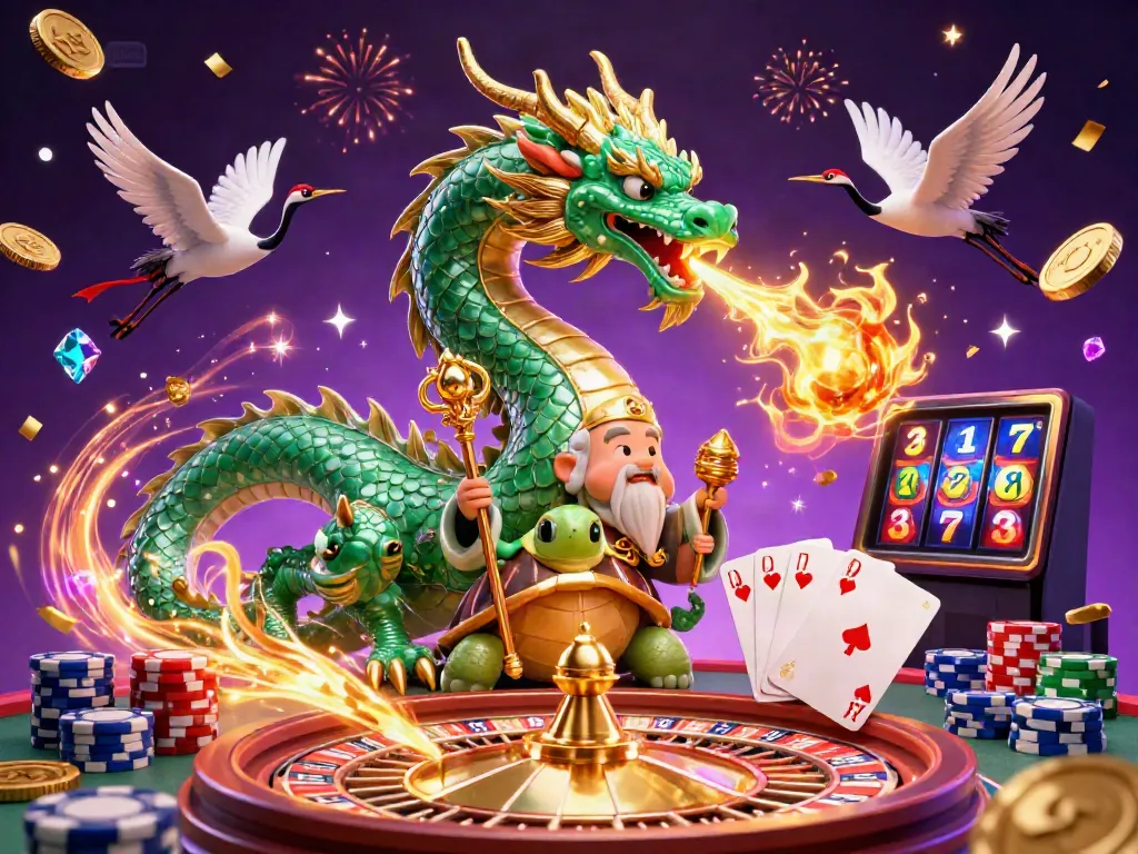 Experience the thrill of Hitclub's casino energy with a vibrant 3D jade dragon and lucky cranes.