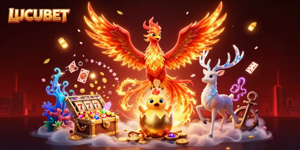 Experience thrilling gameplay at LUCUBET with vibrant slot reels and captivating phoenix characters in a 3D casino world.