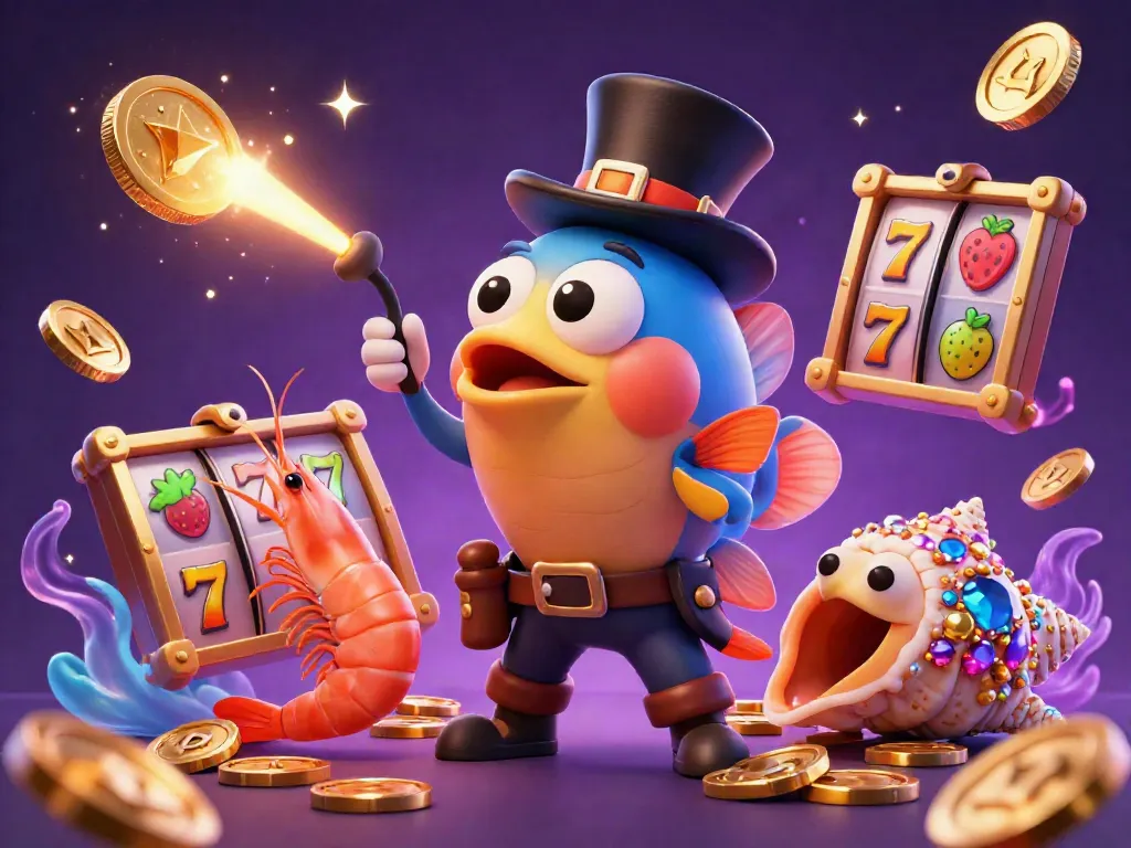 Engage with bosjoko's thrilling casino scene featuring a deep-sea anglerfish, pirate shrimp, and sea snail amidst vibrant slot reels and glittering casino chips.