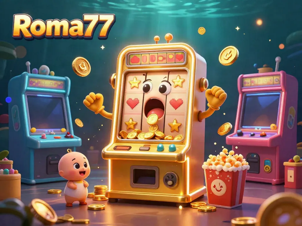 Experience the excitement of Roma77 jackpot slots as coins pour from golden machines in this dynamic casino scene.