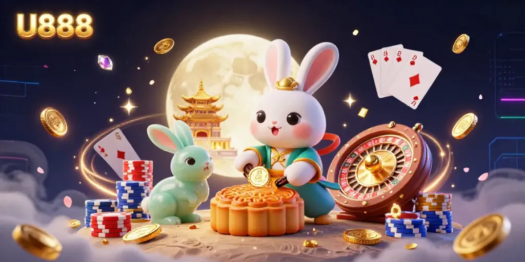 Experience U888 excitement with a moon rabbit creating jackpot-winning mooncakes in a captivating casino scene.