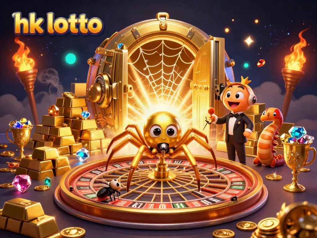 Visualisasikan hk lotto dengan laba-laba emas dan web roulette bertaburkan harta.