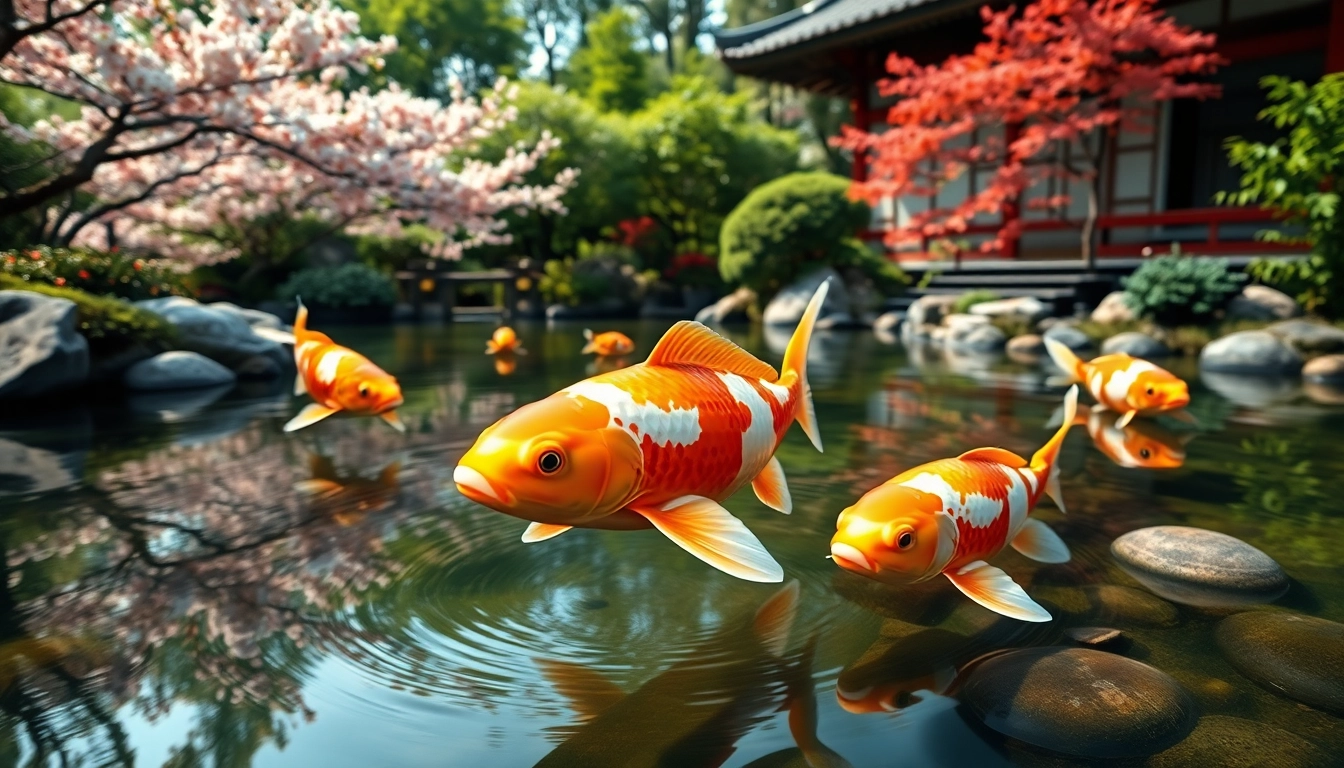 Koi toto berenang di kolam tenang dengan pohon sakura di sekitarnya.