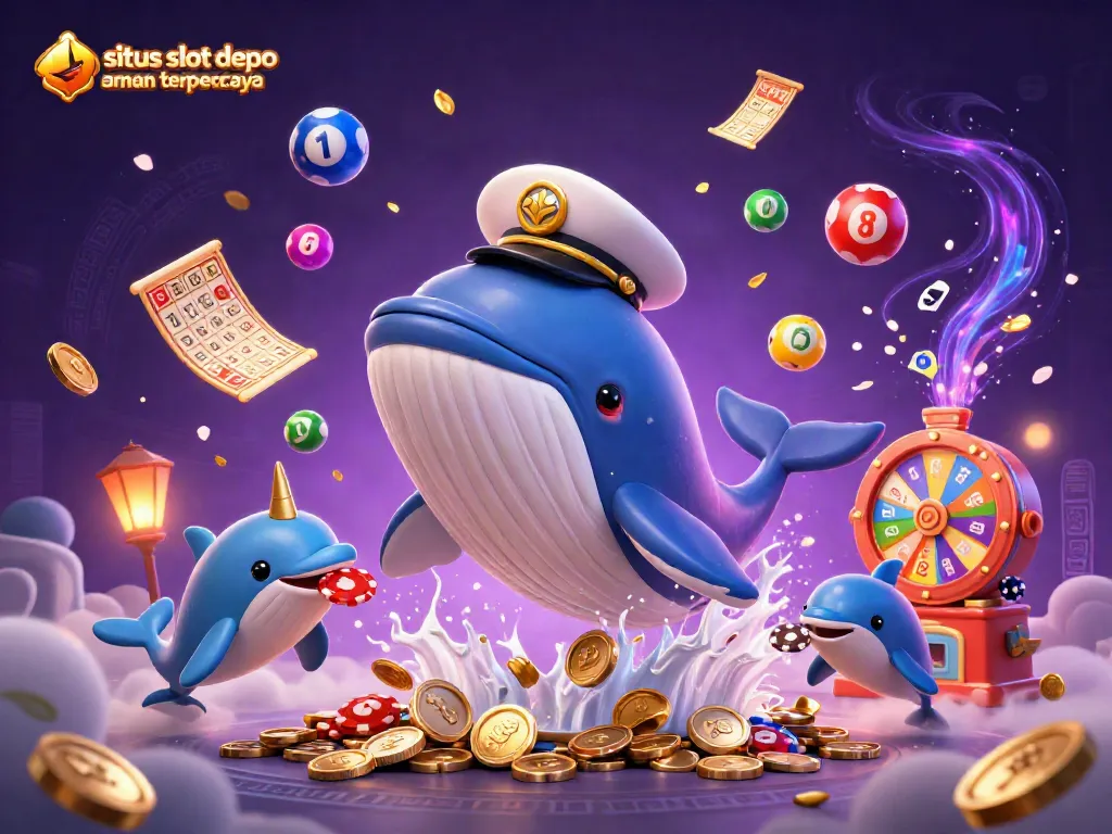 Situs slot depo aman terpercaya showcases a vibrant 3D scene with a cartoon whale and playful dolphins in a sea of coins.