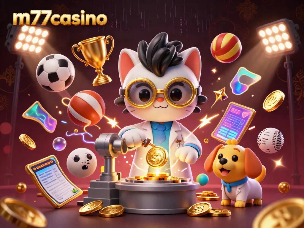 M77casino menghadirkan kucing ilmuwan gila dan anjing setia di laboratorium, dikelilingi oleh bola olahraga yang terbang.