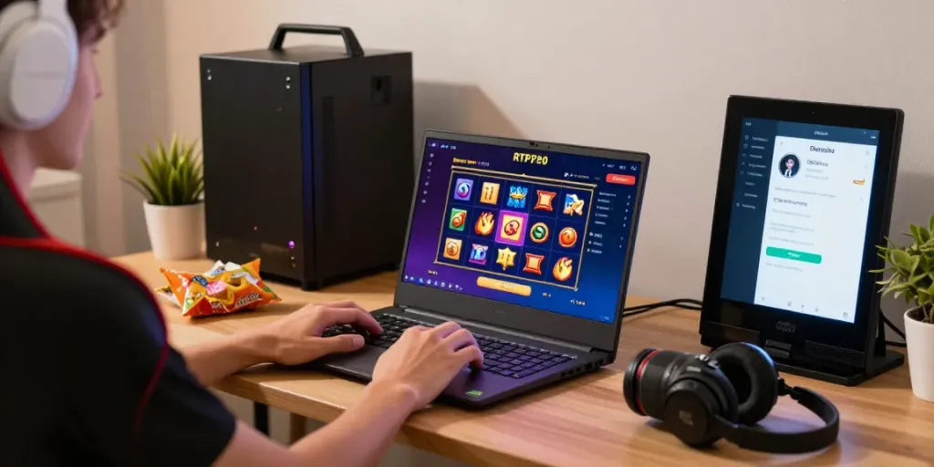 BUKUMIMPI138 daftar dengan pengguna menikmati permainan slot online di laptop, dikelilingi oleh suasana gaming yang nyaman.