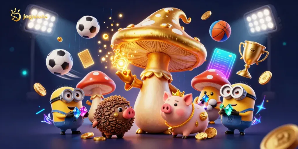 Experience the thrilling action of sports betting on jogjatoto with a golden mushroom wizard and treasure-filled scene.