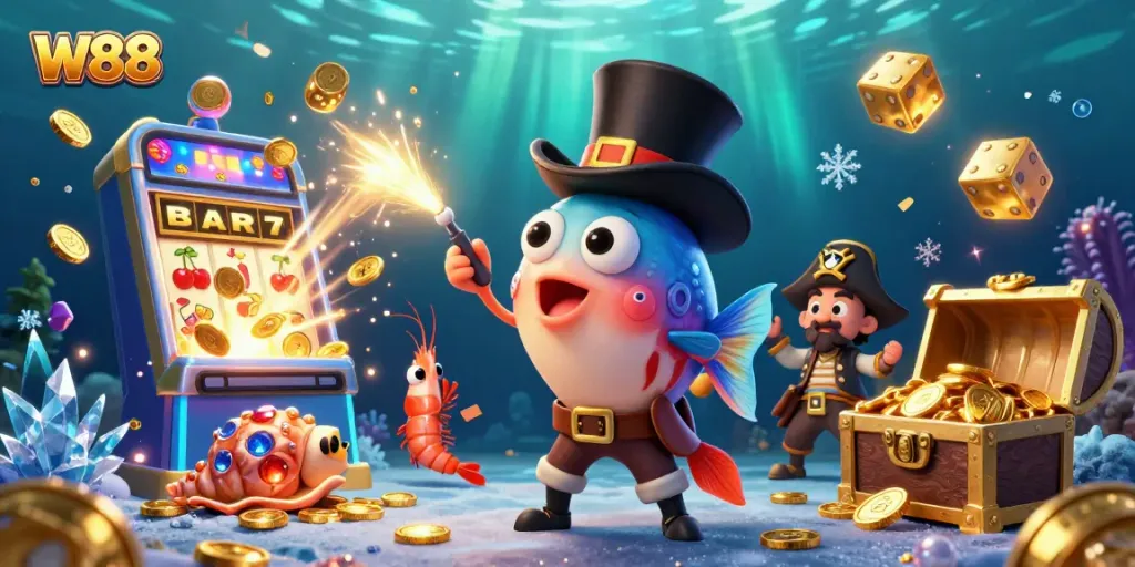 Experience excitement at W88 with vibrant casino characters attracting treasures in a dazzling underwater scene.