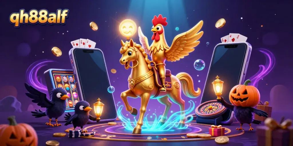 Experience a thrilling moment with qh88alf as golden rooster characters roam a vibrant midnight casino.