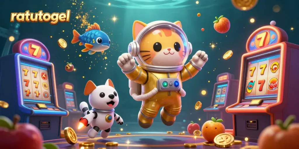 Experience ratutogel excitement with a vibrant scene of 3D characters enjoying colorful slot machines.