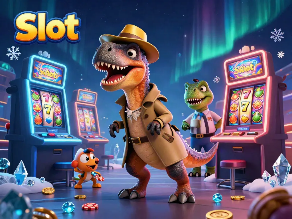 Slot mesin dengan dinosaurus dan karakter lucu beraksi di kasino.