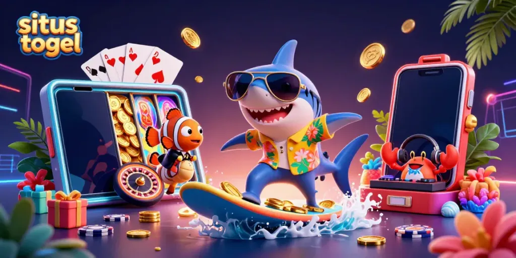 Experience the excitement of situs togel with a surf-themed 3D illustration showcasing a hammer-head shark, clownfish, and crab DJ.