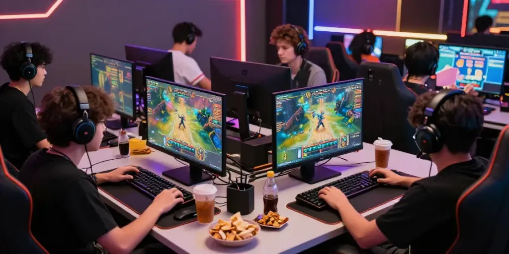 Alexistoto dalam suasana permainan online ramai, dengan pemain menggunakan perangkat gaming modern dan interaksi langsung.