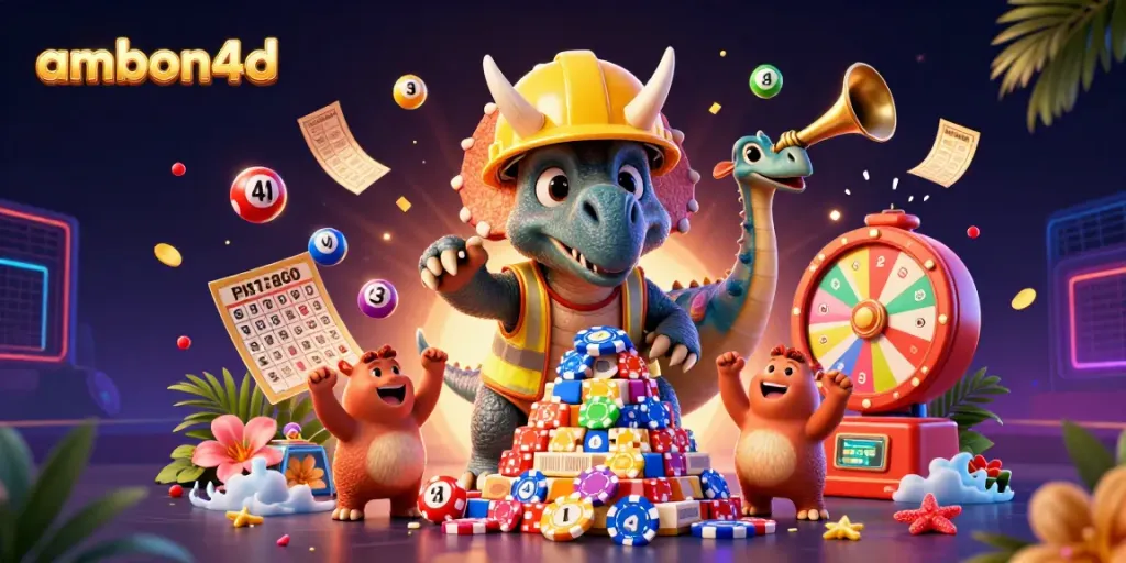 Celebrate with ambon4d as a triceratops builds poker chip pyramids, surrounded by lottery fun!