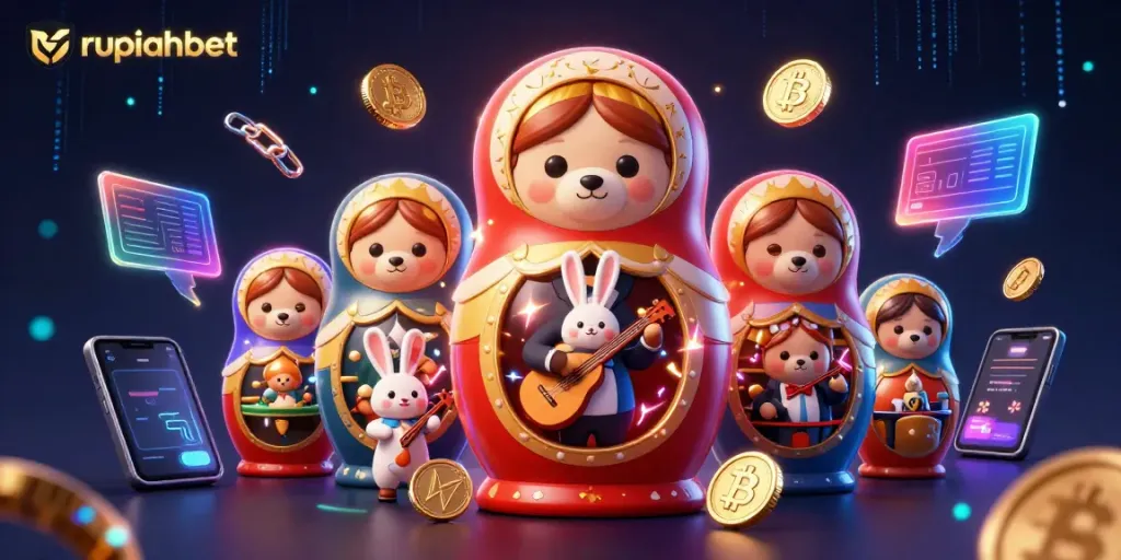 Experience thrilling gameplay with Rupiahbet's vibrant casino-themed illustration featuring adorable characters.