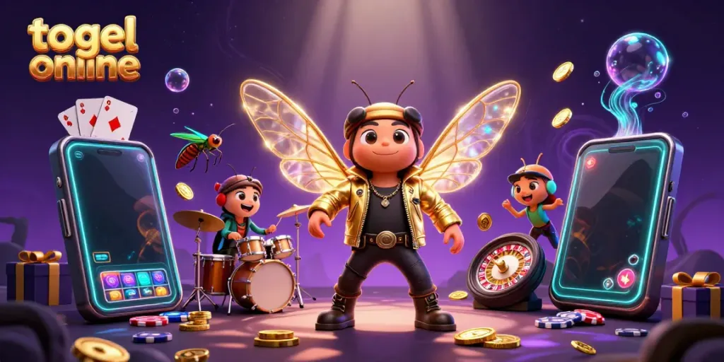Gambarkan cicada rock star dalam pakaian kulit emas, dikelilingi elemen togel online yang berkilauan.