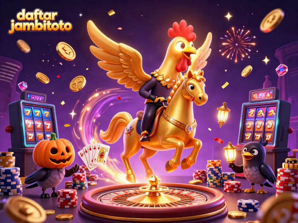 Join the excitement of daftar jambitoto with a vibrant casino scene featuring a golden rooster and crow companions.