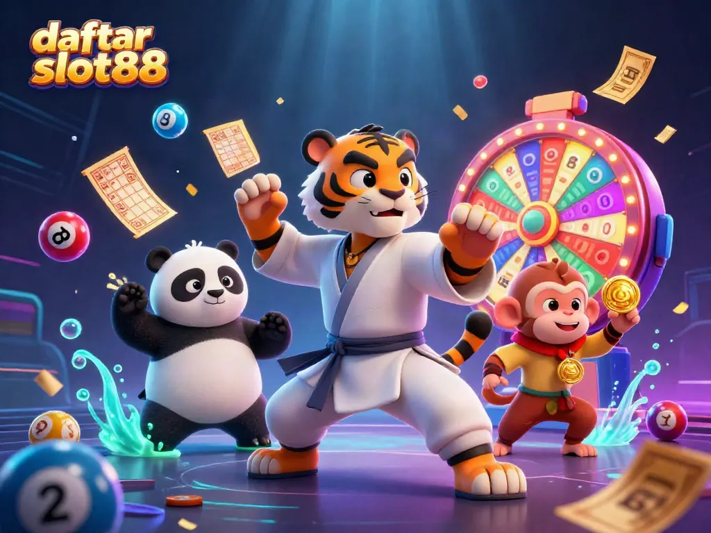 Engaging scene of daftar slot88 featuring a kung fu tiger and friends with colorful lottery elements.