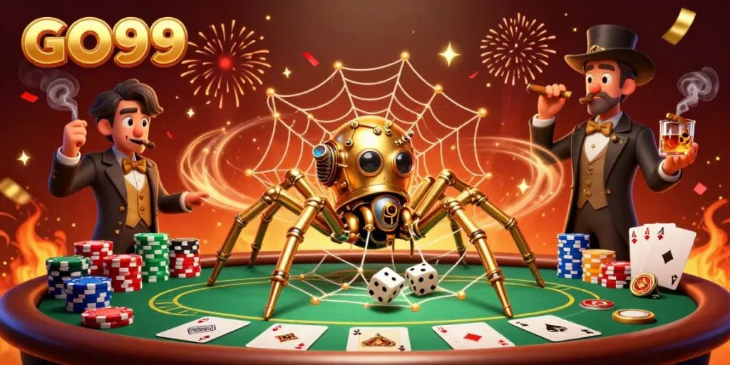 Experience thrilling gambling with GO99 as a steampunk spider weaves a web of poker fortunes.