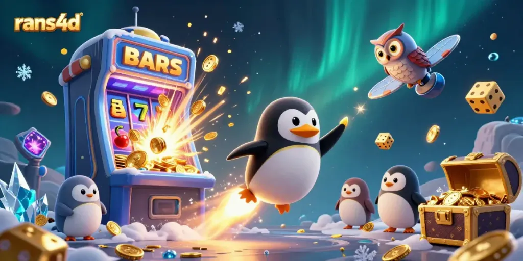 RANS4D dalam ilustrasi 3D penuh warna, penguin emas meluncur menuju kasino angkasa.
