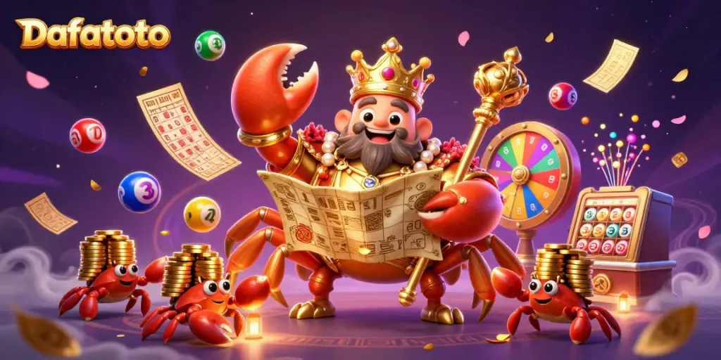 Dafatoto menghadirkan permainan lotere dengan karakter kepiting emas raja, bola nomor warna-warni, dan atmosfer menarik.