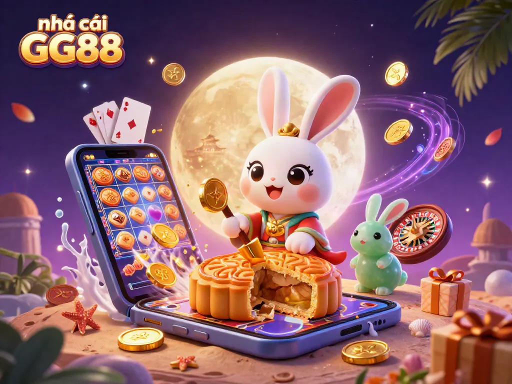 Experience the thrill of nhà cái GG88 with a vibrant 3D illustration of gambling excitement on the moon.