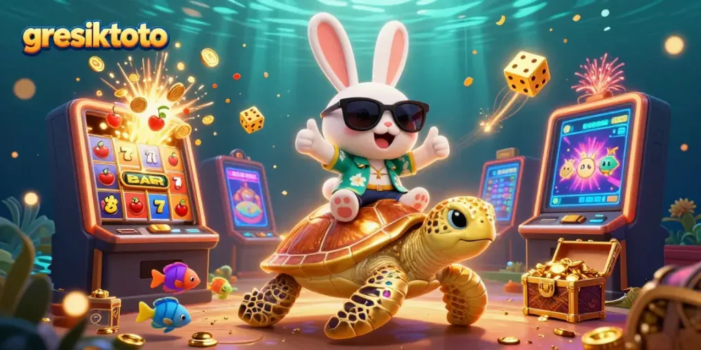 Experience the excitement with gresiktoto, featuring vibrant gaming elements and joyful characters in a dynamic scene.